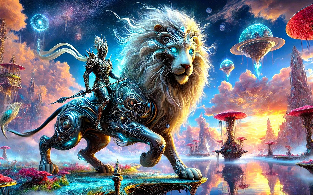 warrior, giant lion, fantasy landscape, magical world, floating islands, surrealism, glowing mushrooms, cosmic sky, mystical creature, epic fantasy