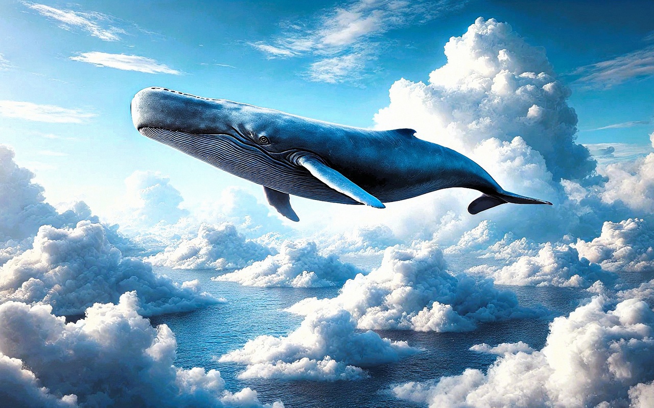 whale, sky, clouds, surreal, flying whale, dreamlike, nature, fantasy, ocean, blue