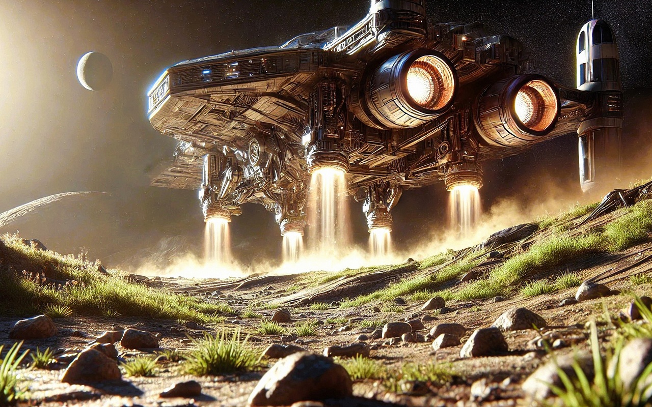 spaceship landing, alien terrain, sci-fi scene, futuristic spacecraft, extraterrestrial exploration, interstellar journey, otherworldly landscape, cosmic adventure, planetary descent, space colonization