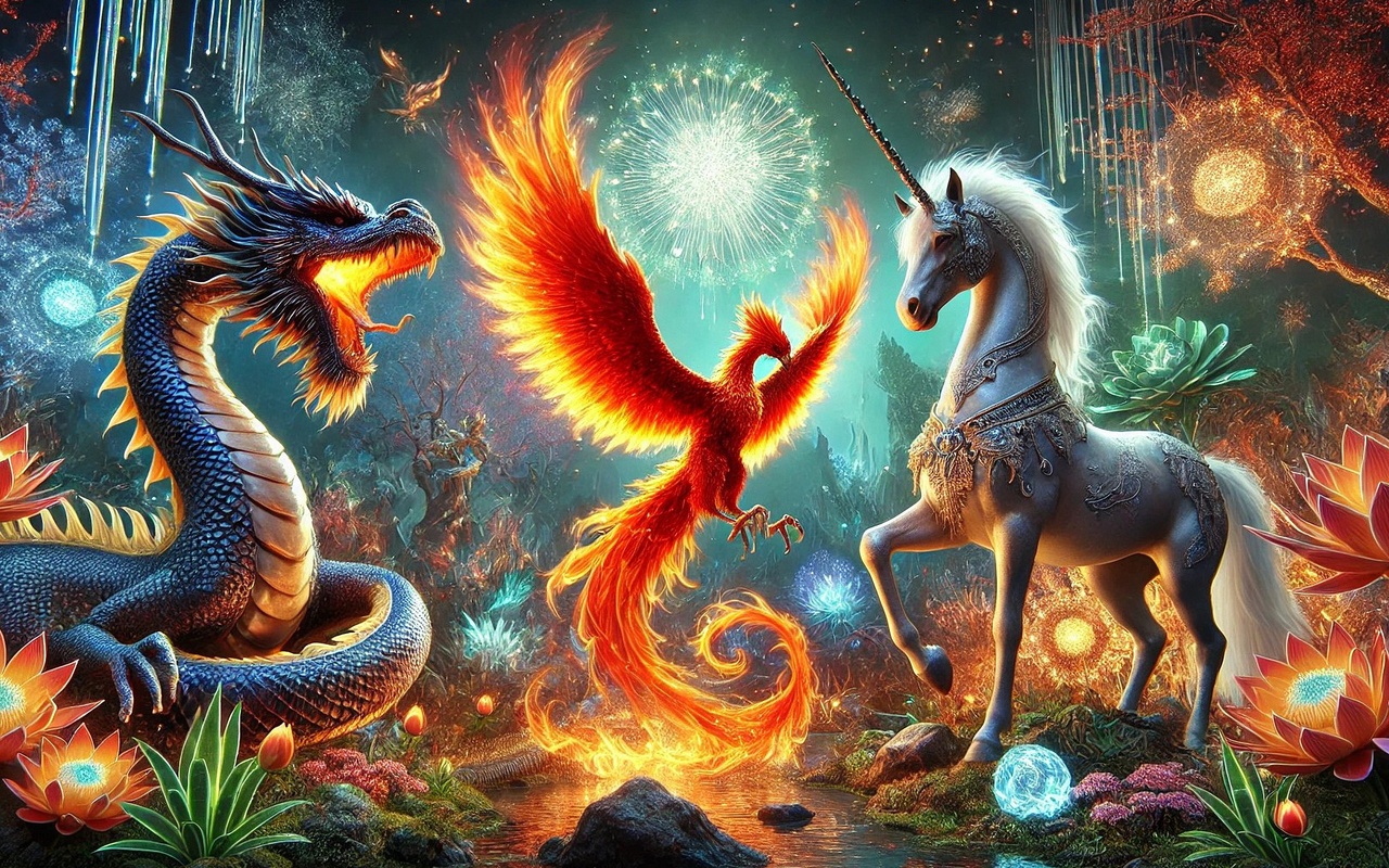 fantasy creatures, dragon, phoenix, unicorn, mystical battle, vibrant colors, enchanted forest, glowing flowers, magical ambiance, mythical showdown