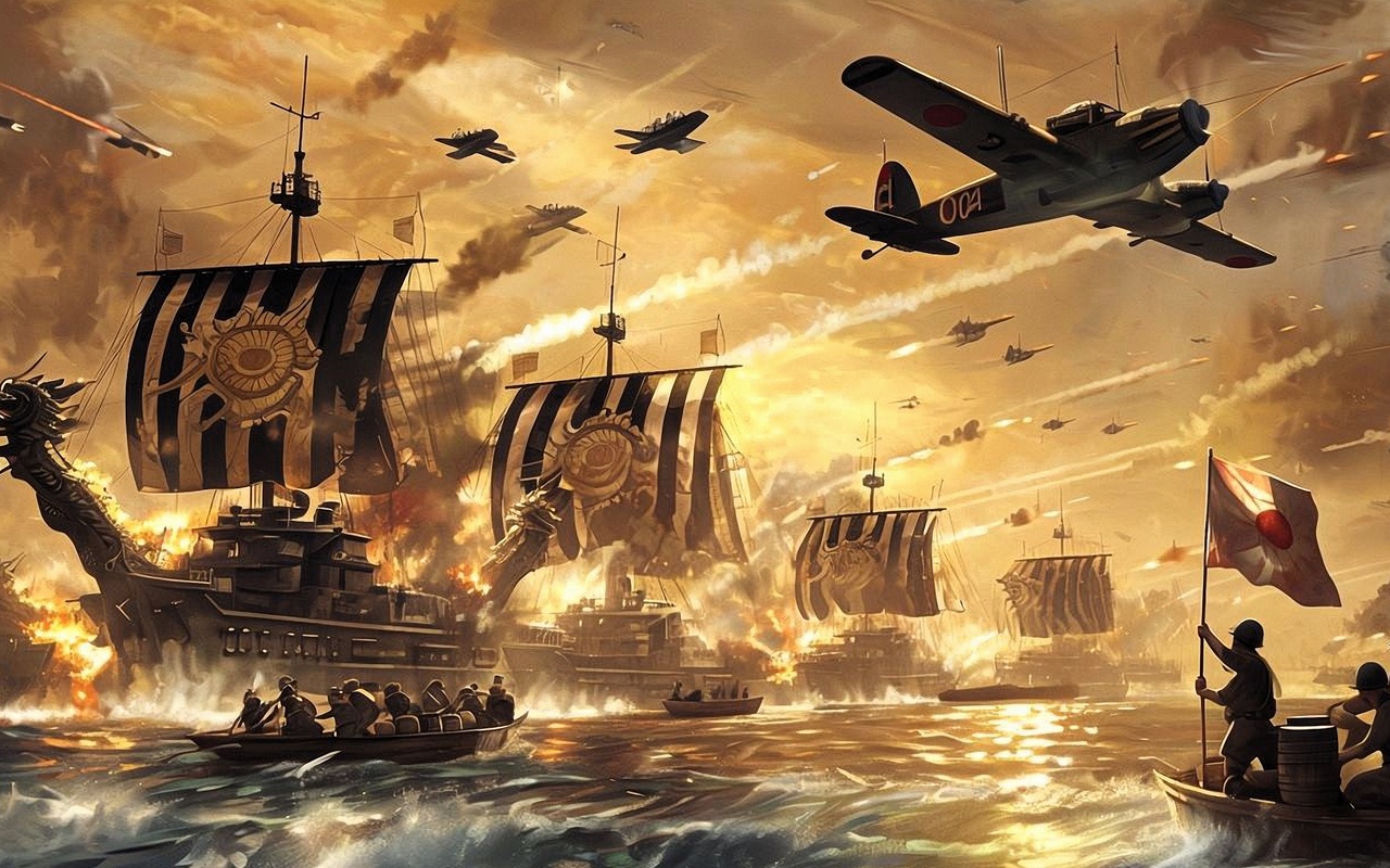 orld war ii, naval battle, blazing ships, historical warfare, fighter planes, japanese flag, dramatic sky, intense combat, military ships, ocean battle