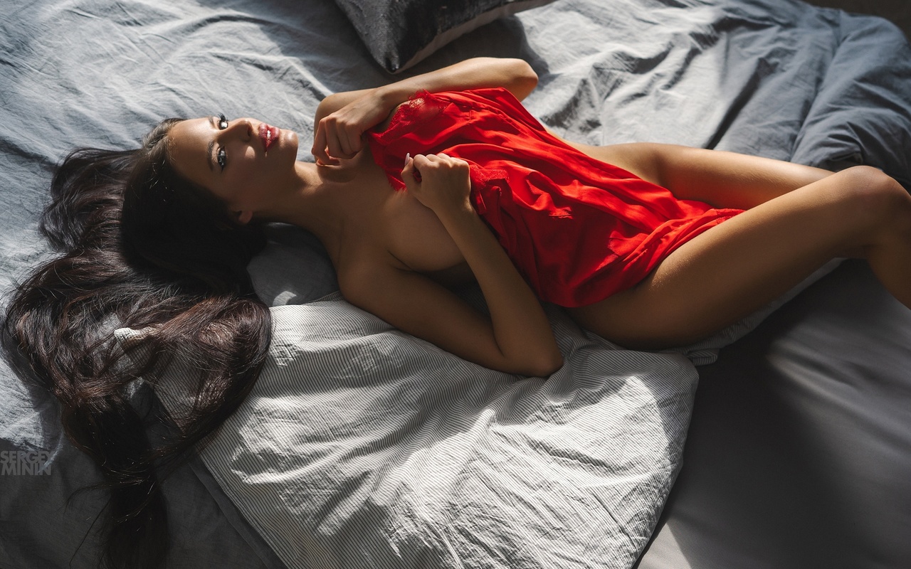 sergey minin, women, in bed, nude, women indoors, red dress, brunette, hips, lying on back, , long hair, model, red lipstick