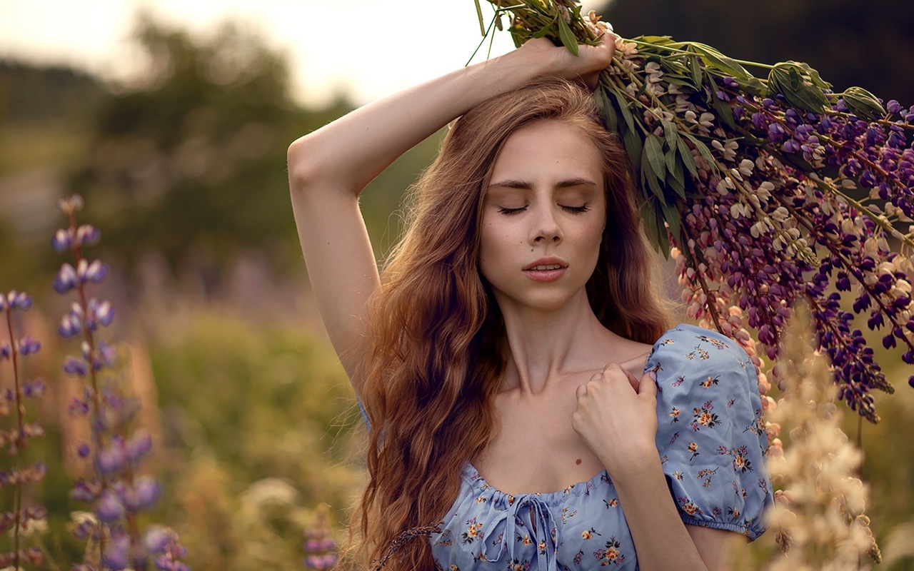 lavender, model, purple flowers, closed eyes, field, , blonde, sky, blue dress, women outdoors, summer dress, nature, plants