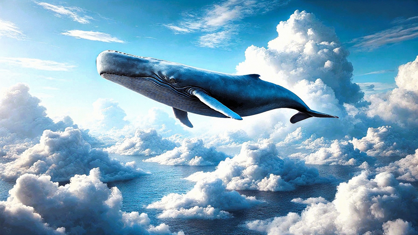 whale, sky, clouds, surreal, flying whale, dreamlike, nature, fantasy, ocean, blue