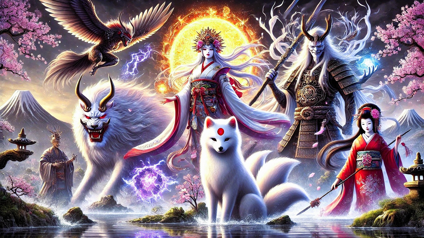 japanese mythology, gods, spirits, kitsune, samurai, fantasy, cherry blossoms, traditional attire, fox, divine beings, mythology