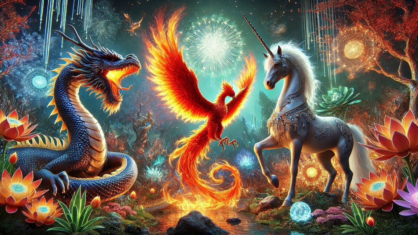 fantasy creatures, dragon, phoenix, unicorn, mystical battle, vibrant colors, enchanted forest, glowing flowers, magical ambiance, mythical showdown