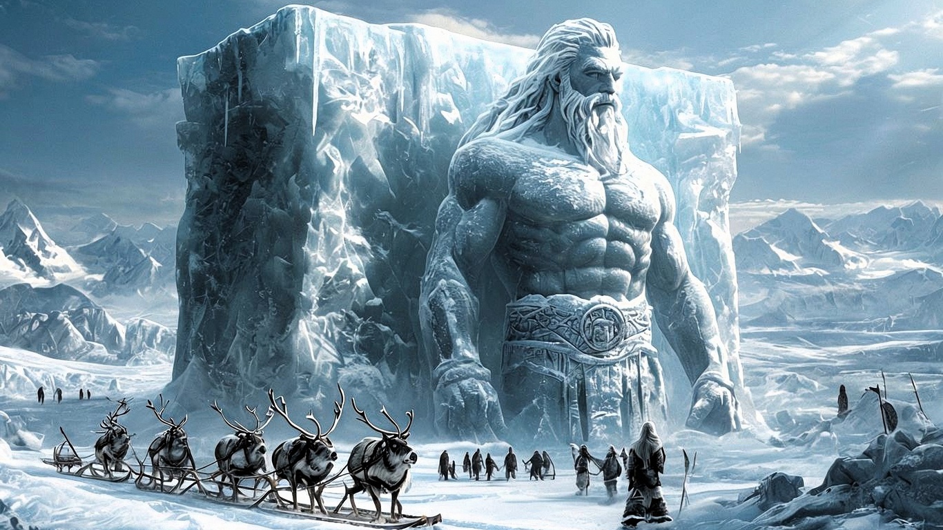 epic fantasy, giant icy statue, arctic landscape, frozen giant, norse mythology, snow-covered mountains, reindeer sleigh, ancient travelers, winter wilderness, majestic frozen sculpture