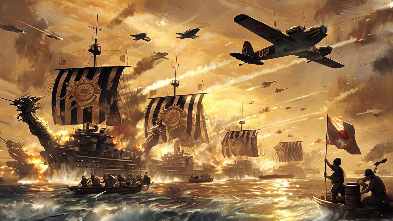 orld war ii, naval battle, blazing ships, historical warfare, fighter planes, japanese flag, dramatic sky, intense combat, military ships, ocean battle