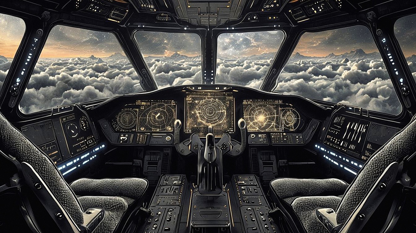 cockpit, futuristic, holographic displays, technology, controls, flight deck, scenic view, clouds, sci-fi, advanced