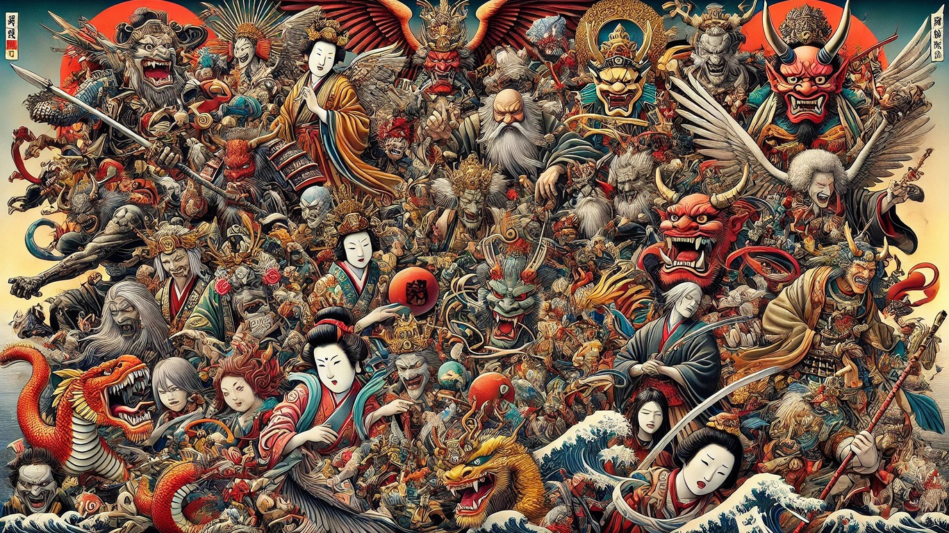 japanese mythology, folklore, demons, samurai, dragons, art, traditional, mythology, intricate, cultural