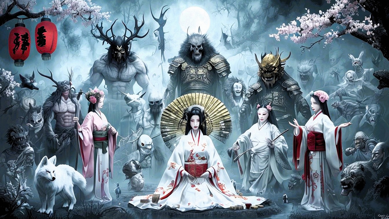 japanese mythology, folklore, demons, samurai, dragons, art, traditional, mythology, intricate, cultural