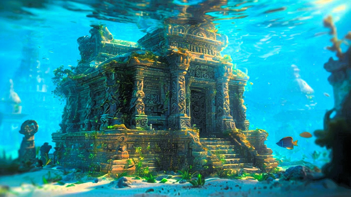 underwater, temple, gothic, fish, ocean, ancient, submerged, ruins, mystical, marine life, vegetation, blue water, architecture, fantasy, exploration, coral, peaceful, sunlight, lost city, history