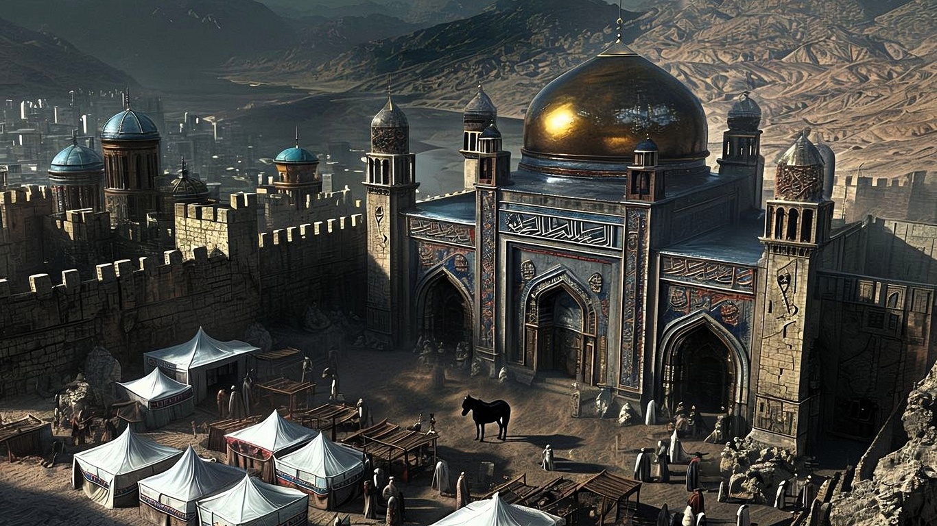 middle eastern, cityscape, mosque, market, fantasy, architecture, domes, ancient, desert, culture, traders, tents, historical, traditional, mountains, intricate, arabian, bustling, exotic, trade