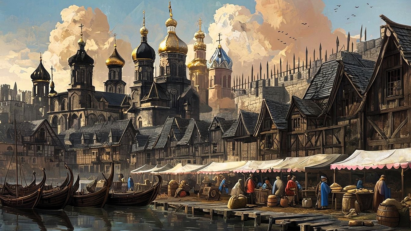 medieval, russian, cityscape, nostalgic, retro-futurism, architecture, river, market, boats, domes, spires, wooden, rustic, towers, trade, sunrise, history, culture, slavic, atmosphere