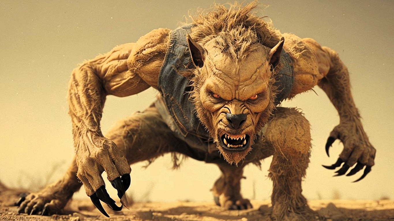 creature, 3d, vintage, western, cinematic, fierce, monster, claws, intense, desert, dusty, horror, powerful, muscular, wild, fantasy, werewolf, predator, angry, action