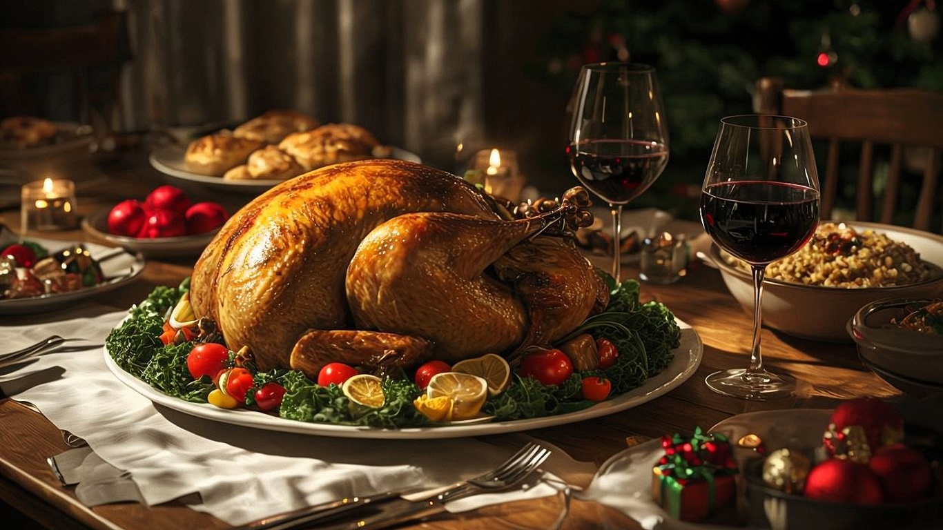 holiday, table, roasted turkey, wine glasses, festive, candles, christmas, decorations, dinner, feast, food, celebration, cozy, warm lighting, red ornaments, family, gourmet, tradition, serving, luxury