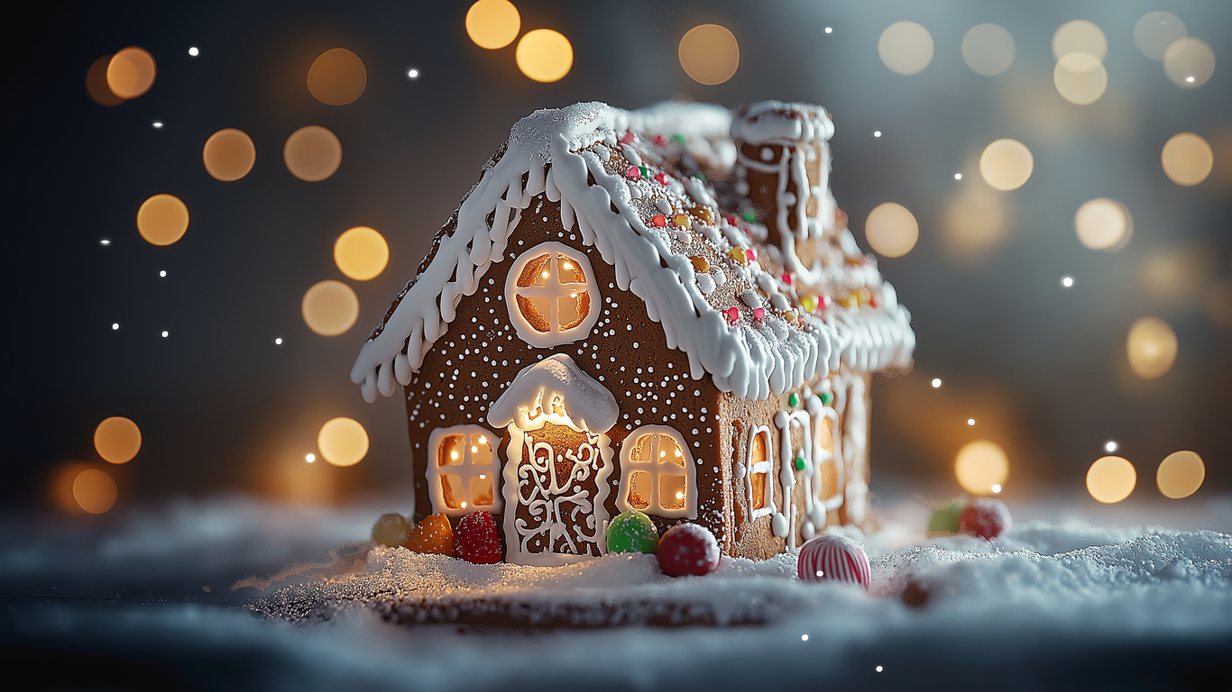 : gingerbread house, christmas decor, festive mood, winter atmosphere, decoration, snowy background, fairytale scene, holiday lights, winter coziness, icing, confectionery art, candy, winter, coziness, sweets, festive table, decorative cookies, snowflakes