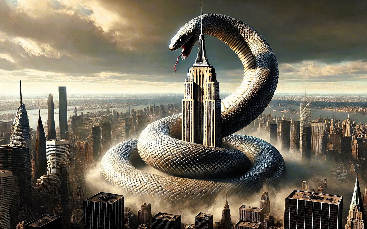 giant snake, new york city, skyscraper, surreal, urban fantasy, cityscape, monster, fantasy creature, epic, surrealism