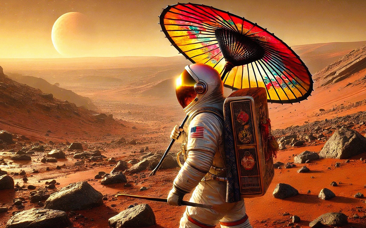 astronaut, mars, space exploration, parasol, surreal, futuristic, desert landscape, red planet, sci-fi, sunset