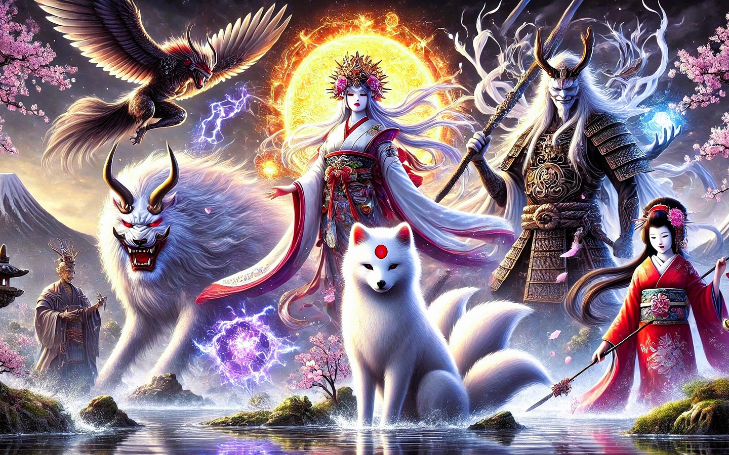 japanese mythology, gods, spirits, kitsune, samurai, fantasy, cherry blossoms, traditional attire, fox, divine beings, mythology