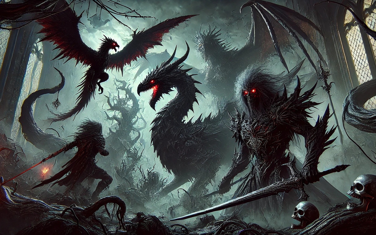 dark fantasy, eerie dungeon, demonic creatures, glowing red eyes, shadowy figures, battle scene, ominous atmosphere, twisted trees, gothic architecture, intense confrontation