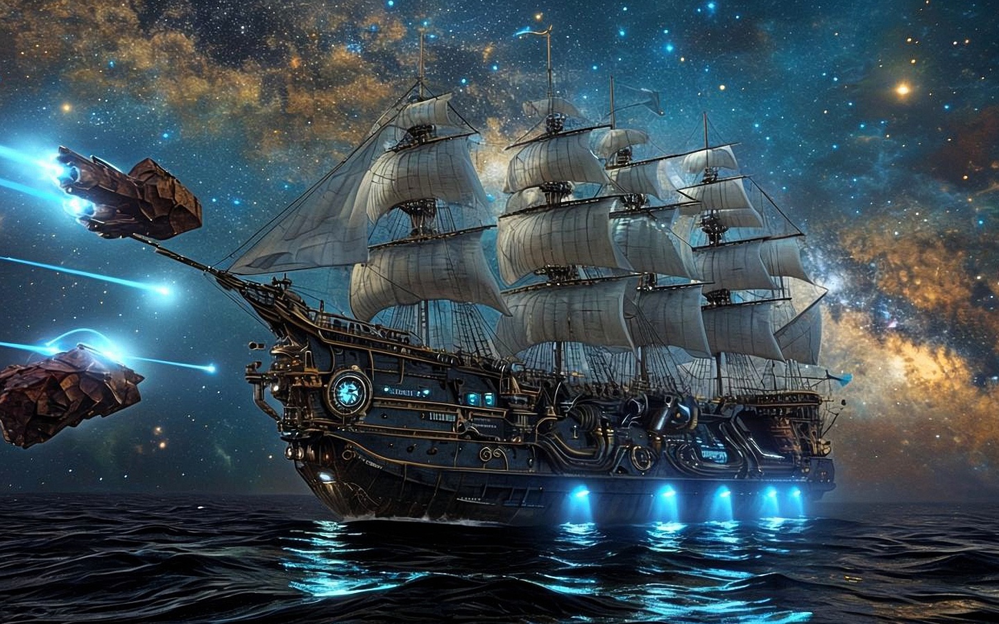 steampunk ship, space sailing, starry sky, cosmic voyage, futuristic sails, comet trails, nautical sci-fi, celestial exploration, ocean meets space, glowing blue engines