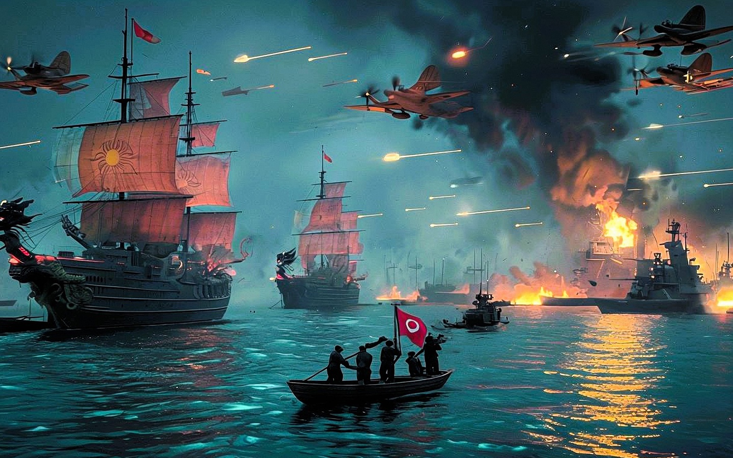 naval battle, neon noir, cyberpunk aesthetic, blazing ships, fighter planes, dramatic sky, intense combat, dragon-headed ships, futuristic warfare, ocean battle