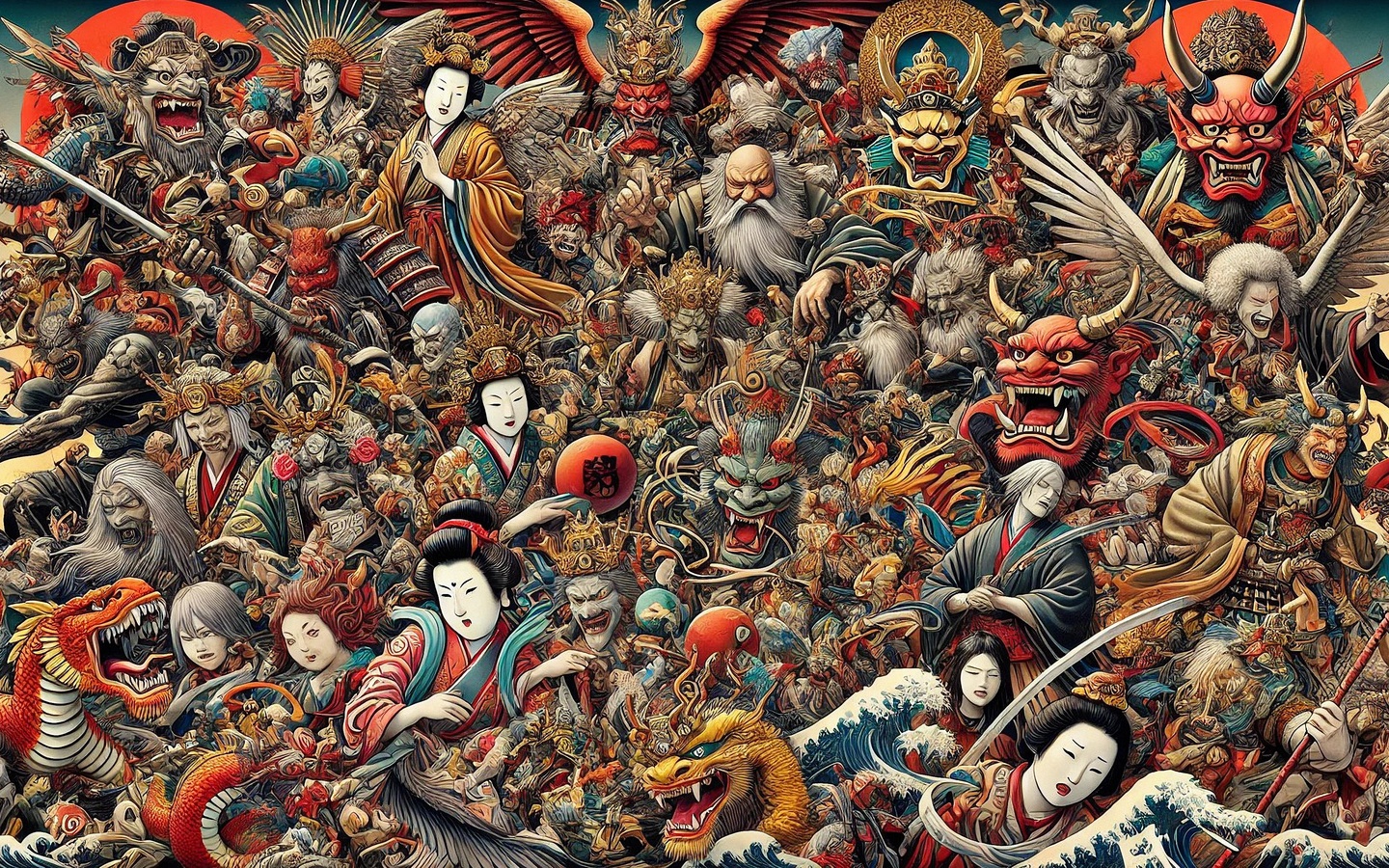 japanese mythology, folklore, demons, samurai, dragons, art, traditional, mythology, intricate, cultural