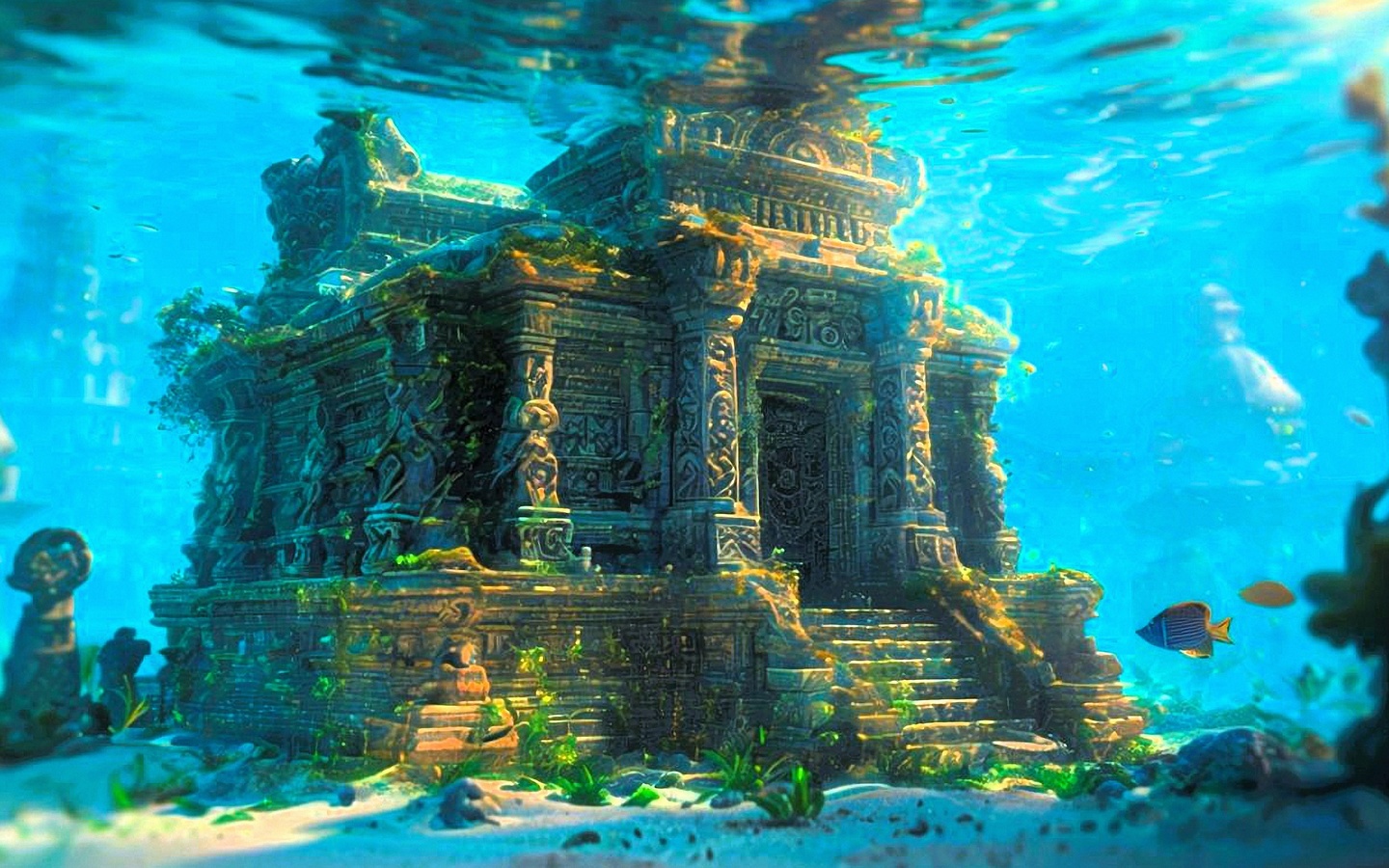 underwater, temple, gothic, fish, ocean, ancient, submerged, ruins, mystical, marine life, vegetation, blue water, architecture, fantasy, exploration, coral, peaceful, sunlight, lost city, history