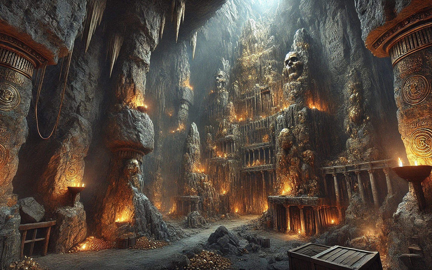 underground temple, ancient, torches, mystical, stone pillars, carvings, golden glow, eerie, hidden sanctuary, ancient civilization, sacred, treasure, dark cavern, ancient architecture, mysterious, relics, dim light, ancient symbols, mysterious glow, expl