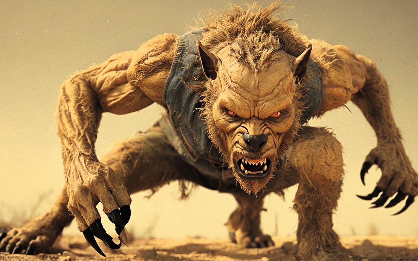 creature, 3d, vintage, western, cinematic, fierce, monster, claws, intense, desert, dusty, horror, powerful, muscular, wild, fantasy, werewolf, predator, angry, action