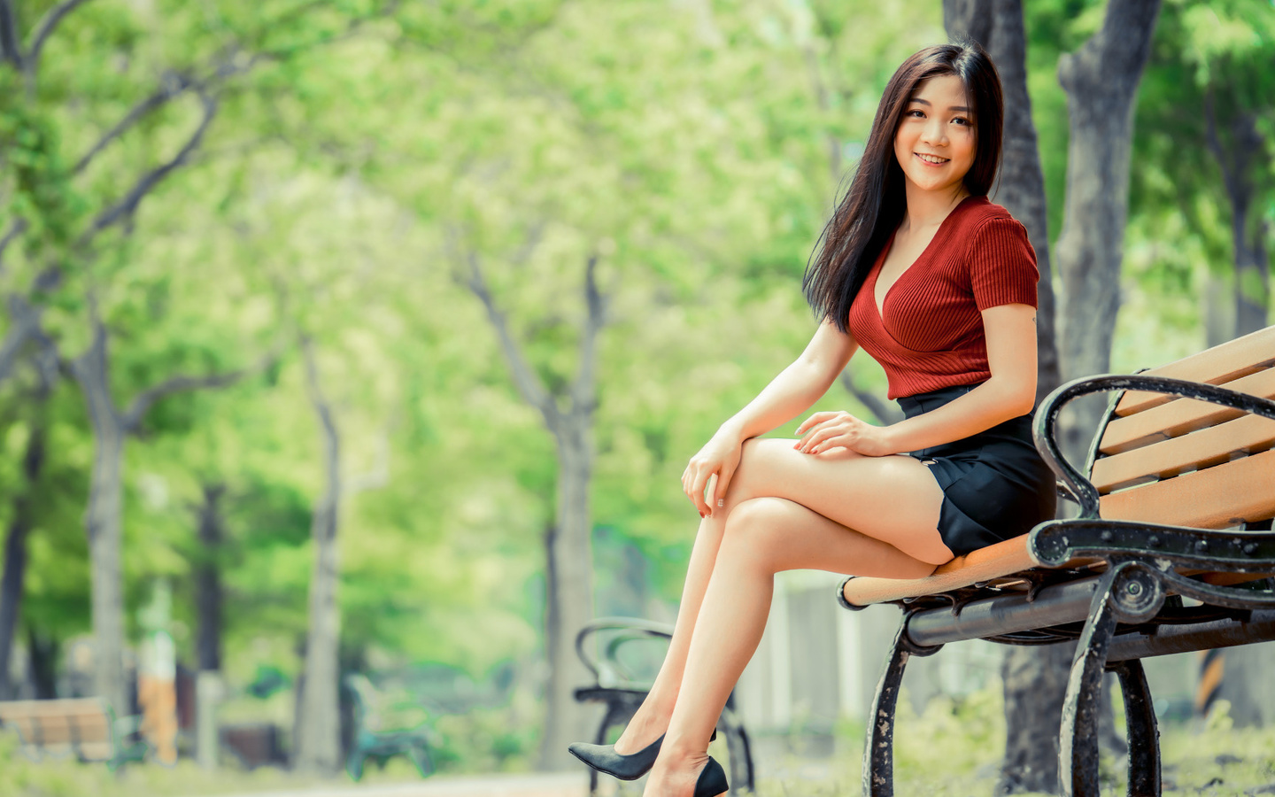 bench, outdoors, asian, sitting, skirt, heels, red top