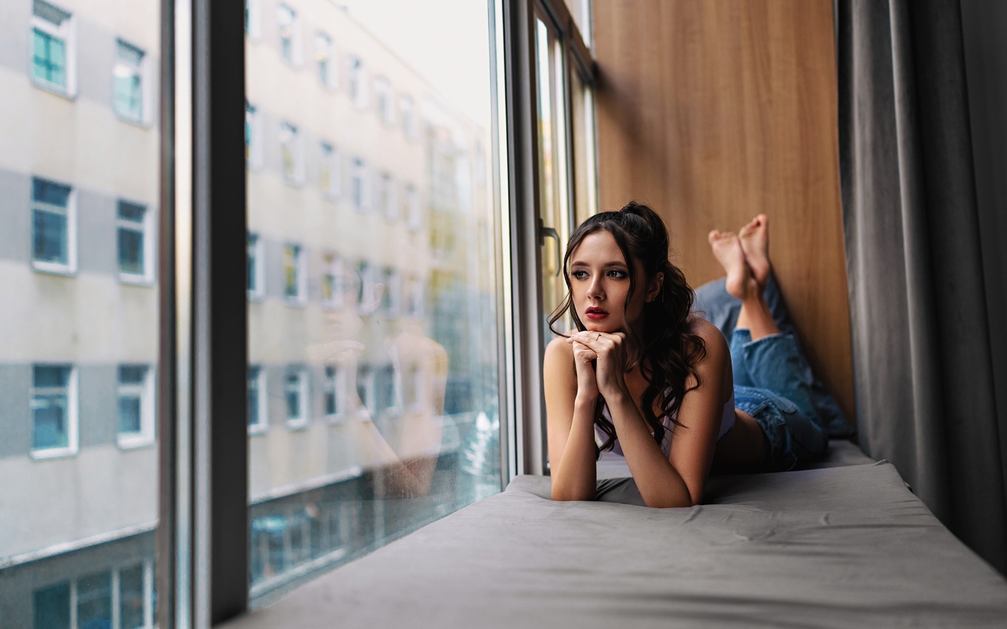 disha shemetova, jeans, by the window, white tops, tattoo, red lipstick, brunette, lying on front, , makeup, women indoors, looking out window, model