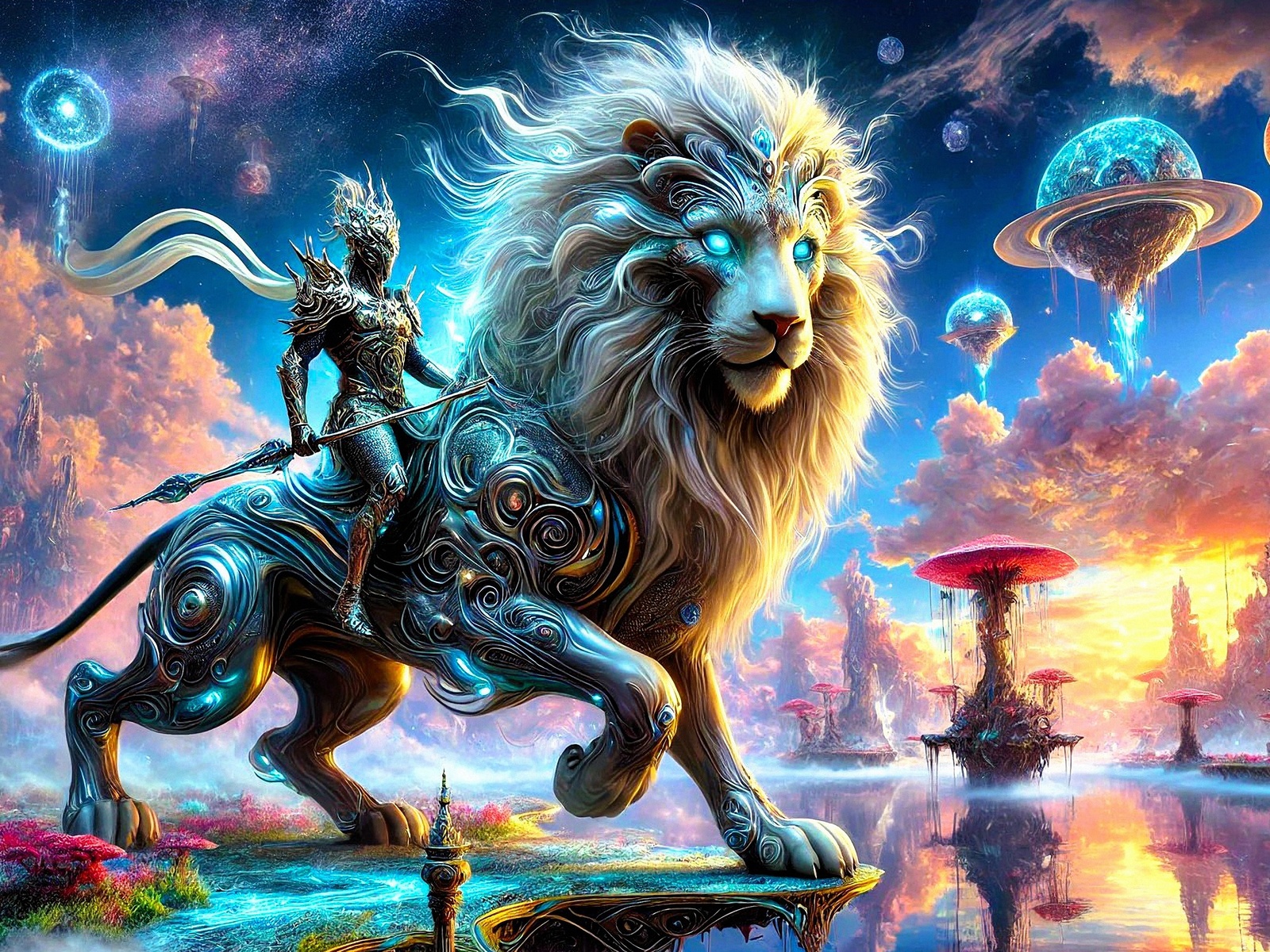 warrior, giant lion, fantasy landscape, magical world, floating islands, surrealism, glowing mushrooms, cosmic sky, mystical creature, epic fantasy