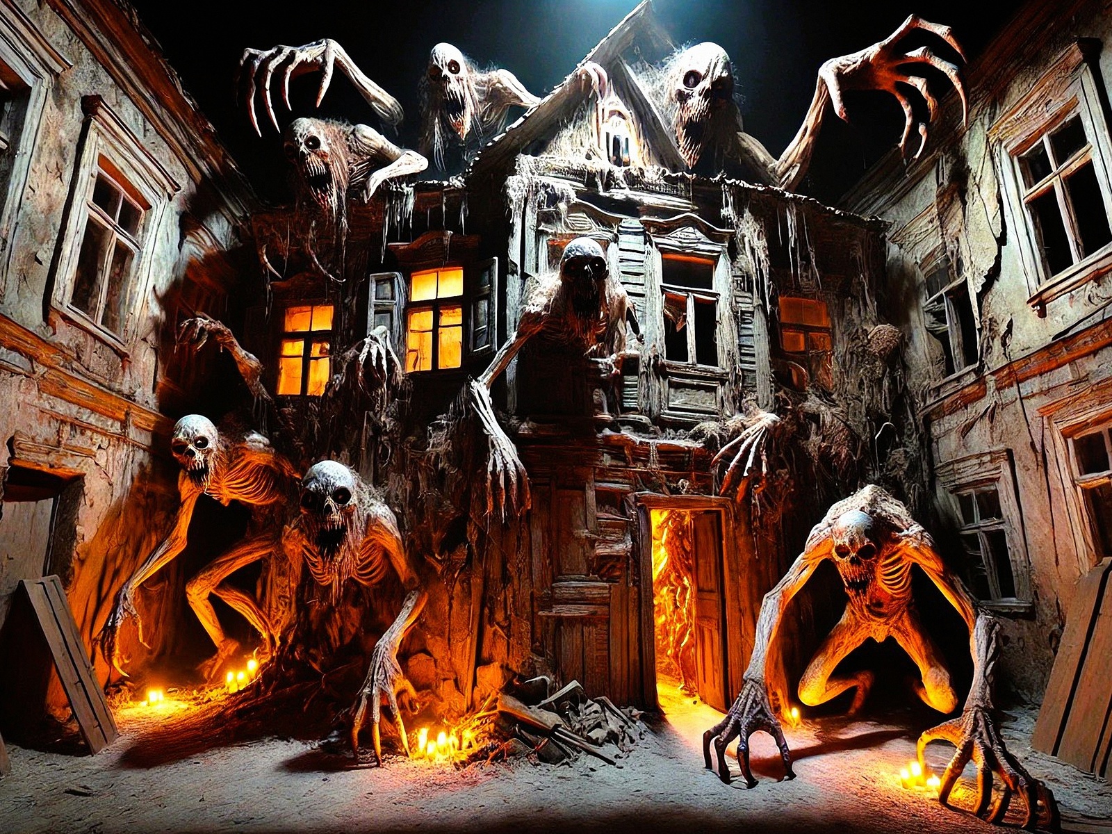 haunted house, horror, monsters, creepy, skeletons, abandoned, spooky, night, terrifying, shadows