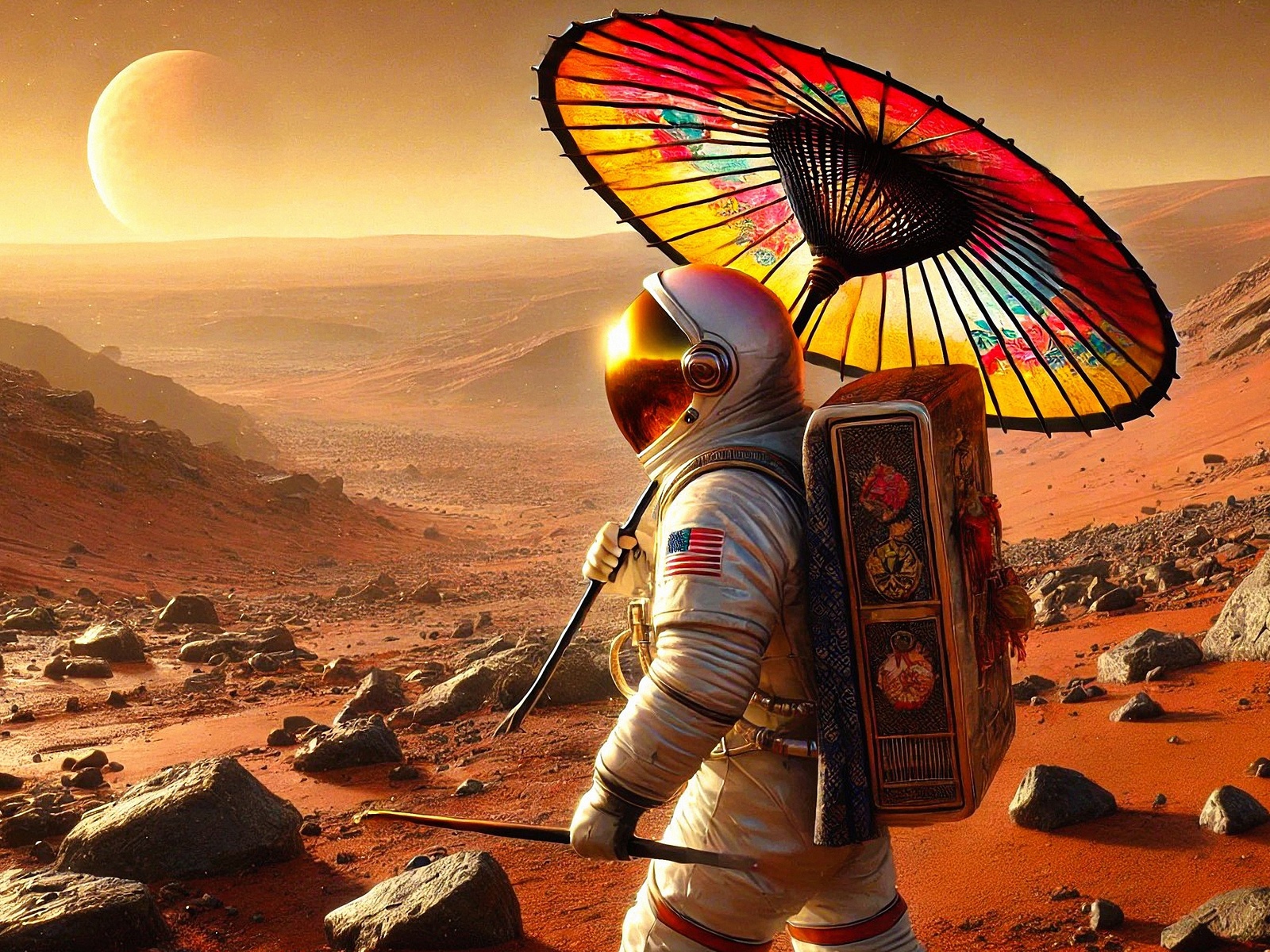 astronaut, mars, space exploration, parasol, surreal, futuristic, desert landscape, red planet, sci-fi, sunset