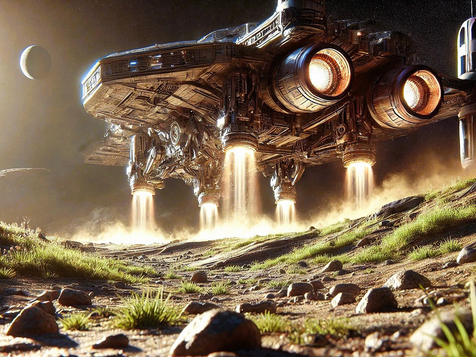 spaceship landing, alien terrain, sci-fi scene, futuristic spacecraft, extraterrestrial exploration, interstellar journey, otherworldly landscape, cosmic adventure, planetary descent, space colonization