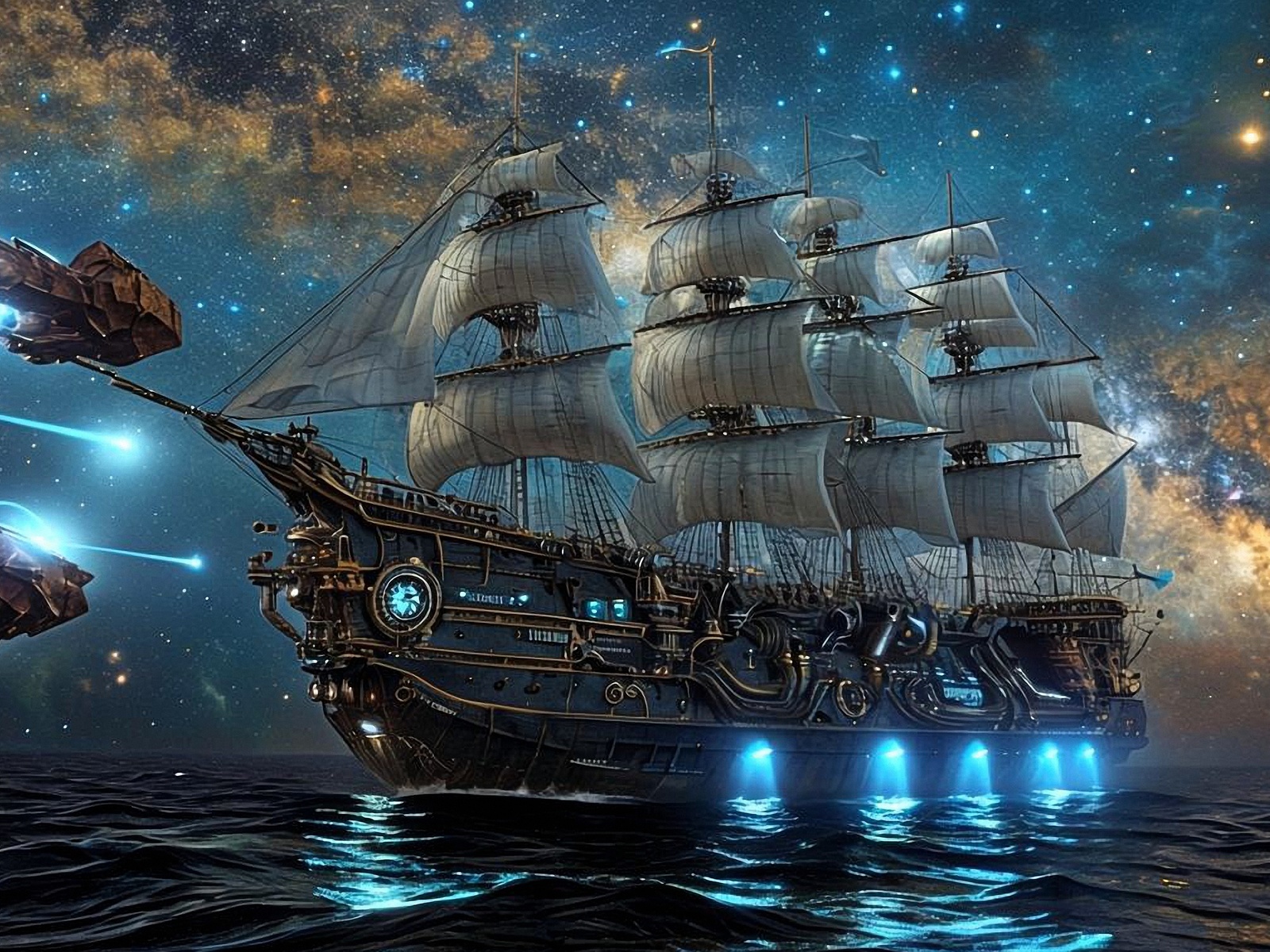 steampunk ship, space sailing, starry sky, cosmic voyage, futuristic sails, comet trails, nautical sci-fi, celestial exploration, ocean meets space, glowing blue engines