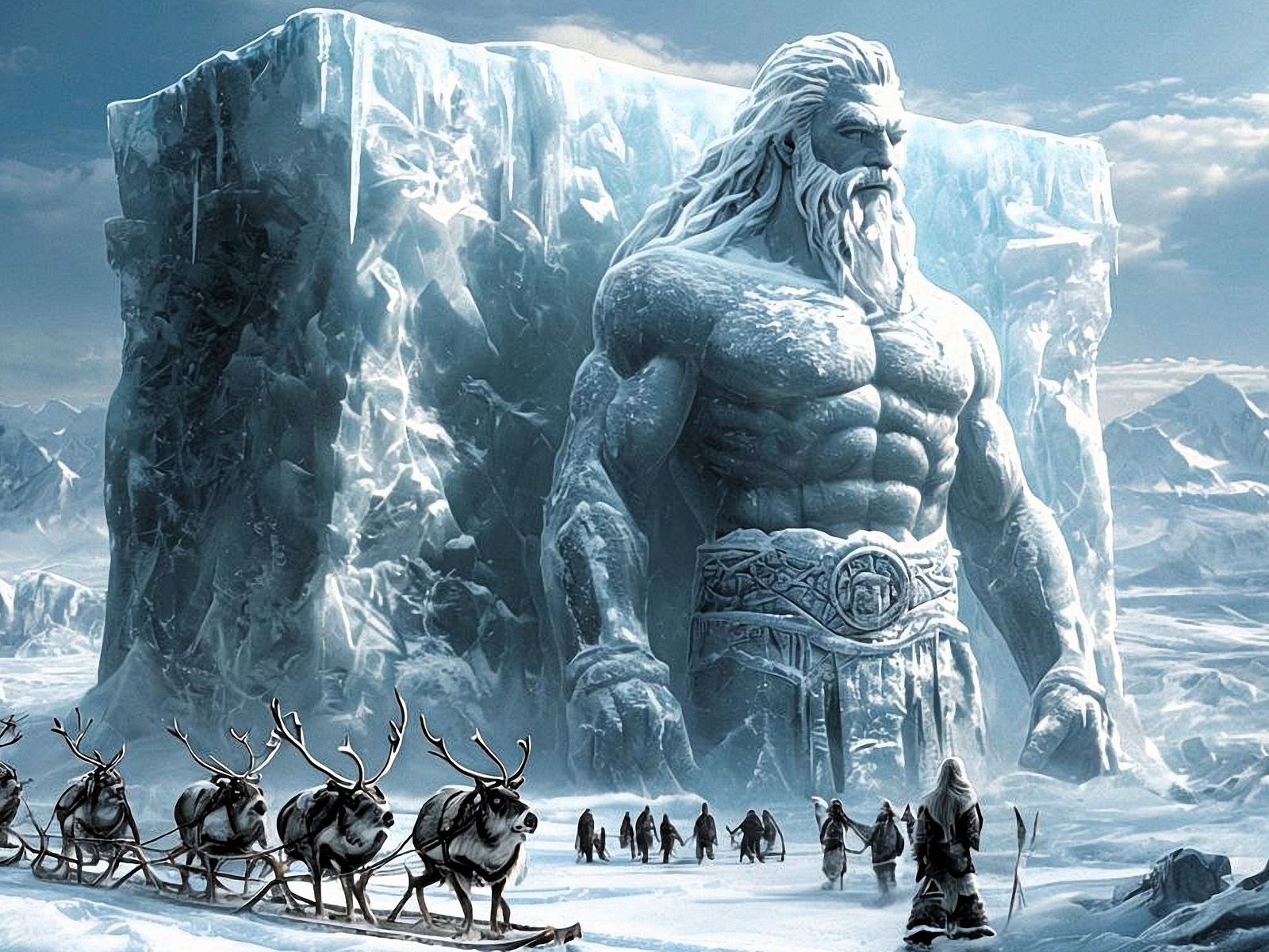 epic fantasy, giant icy statue, arctic landscape, frozen giant, norse mythology, snow-covered mountains, reindeer sleigh, ancient travelers, winter wilderness, majestic frozen sculpture