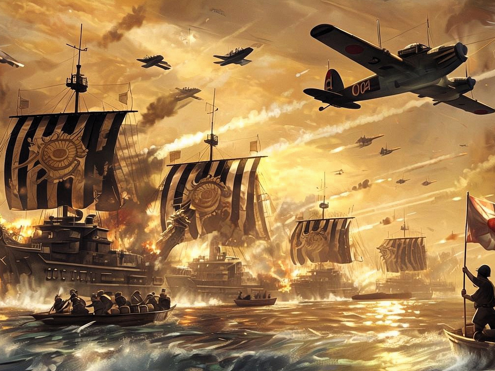 orld war ii, naval battle, blazing ships, historical warfare, fighter planes, japanese flag, dramatic sky, intense combat, military ships, ocean battle