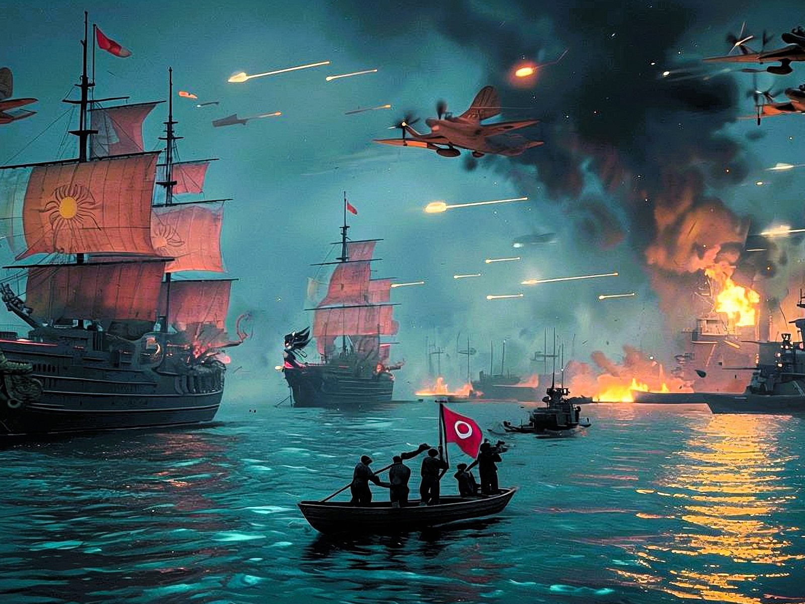 naval battle, neon noir, cyberpunk aesthetic, blazing ships, fighter planes, dramatic sky, intense combat, dragon-headed ships, futuristic warfare, ocean battle