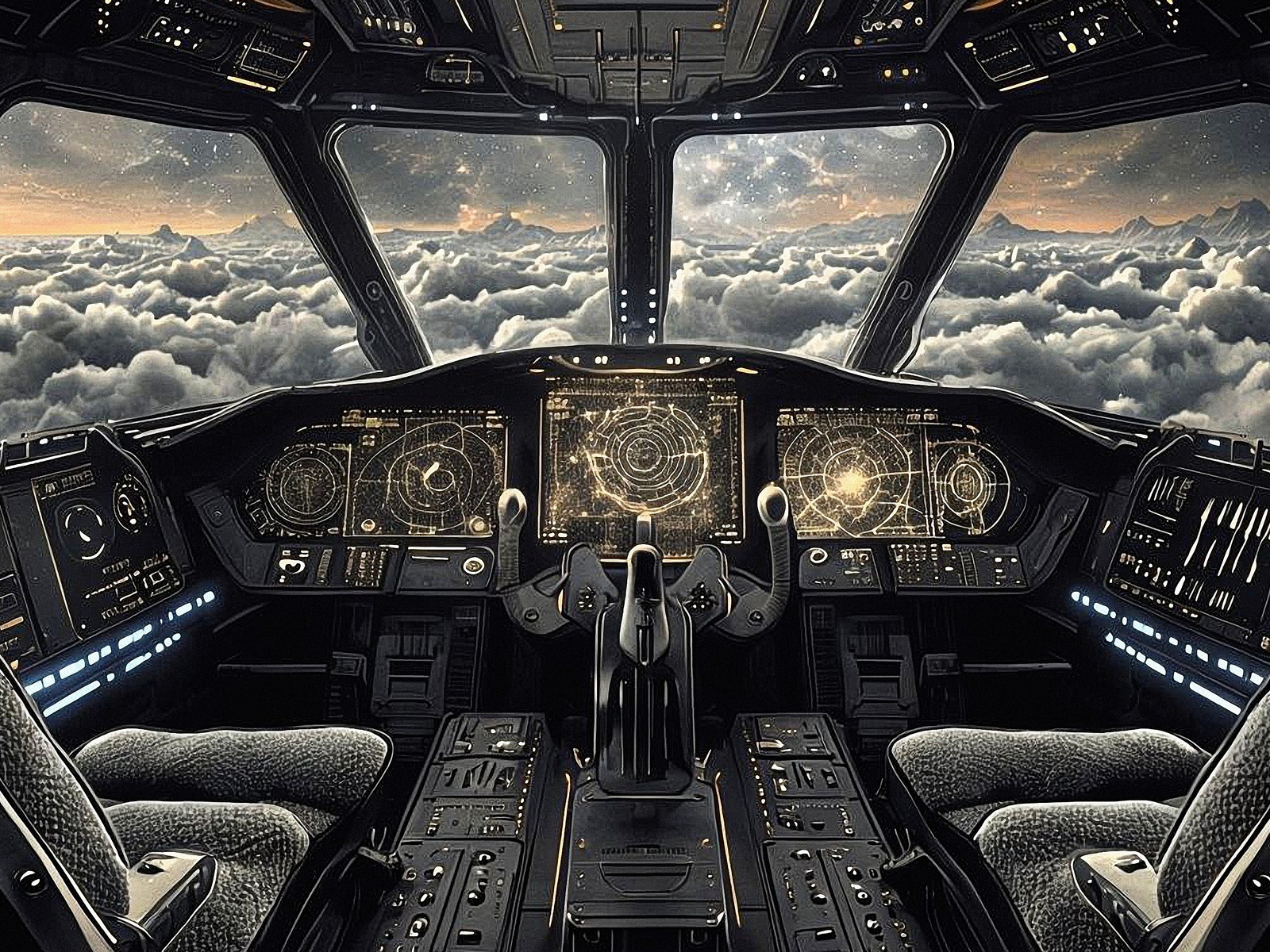 cockpit, futuristic, holographic displays, technology, controls, flight deck, scenic view, clouds, sci-fi, advanced