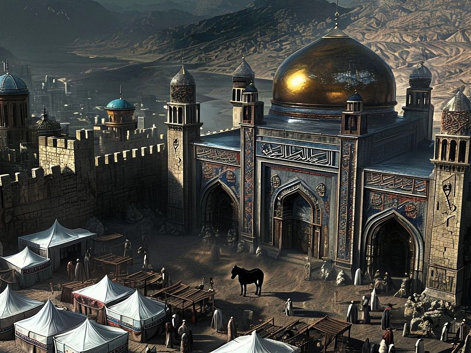 middle eastern, cityscape, mosque, market, fantasy, architecture, domes, ancient, desert, culture, traders, tents, historical, traditional, mountains, intricate, arabian, bustling, exotic, trade