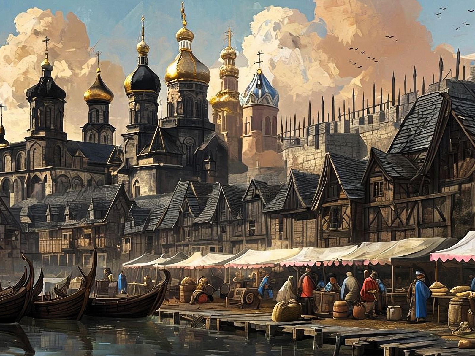 medieval, russian, cityscape, nostalgic, retro-futurism, architecture, river, market, boats, domes, spires, wooden, rustic, towers, trade, sunrise, history, culture, slavic, atmosphere