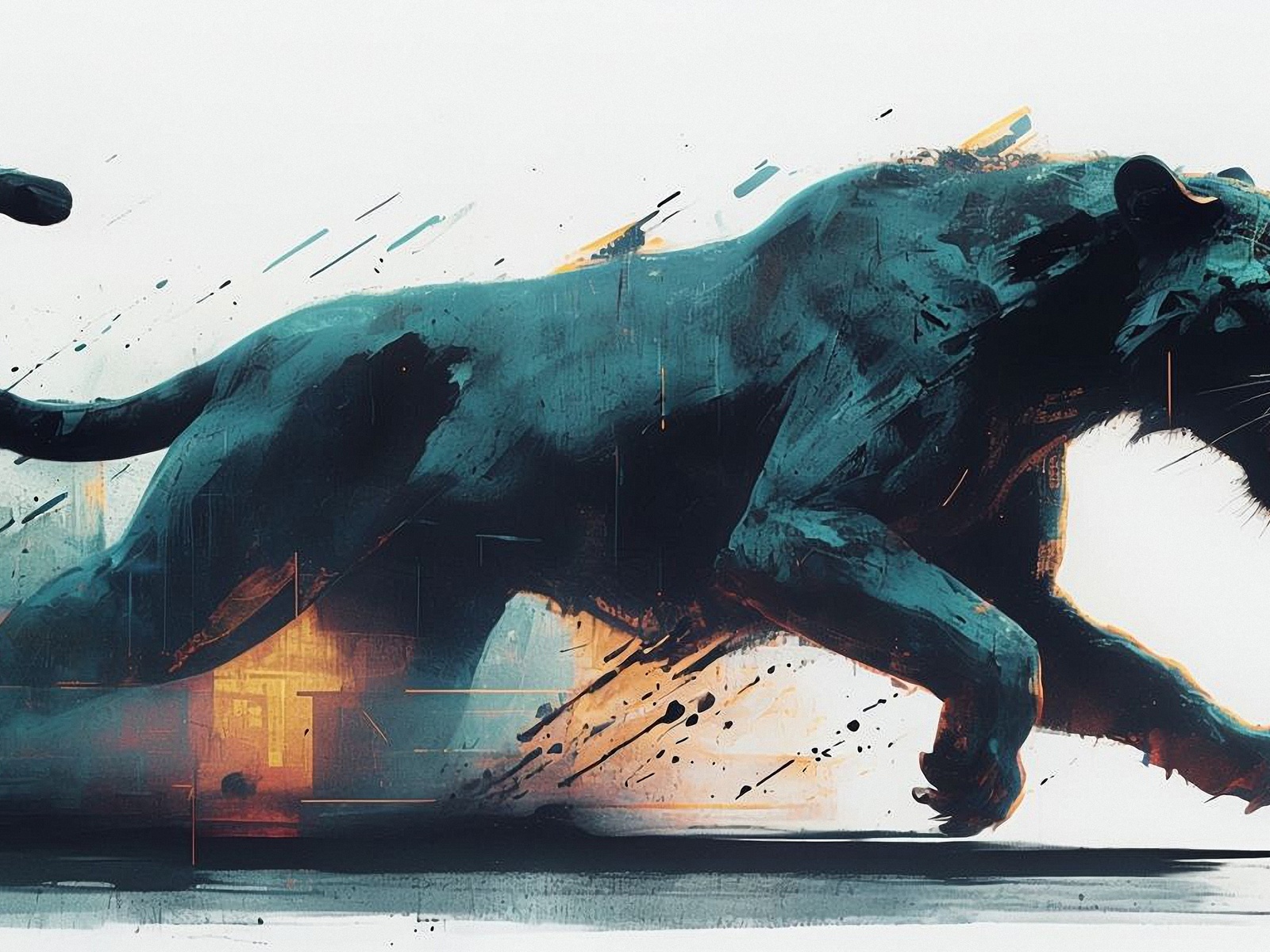 black panther, illustration, neon noir, cyberpunk, dynamic, fierce, action, energy, abstract, urban, motion, expressive, digital art, vibrant, wild, intense, stylized, futuristic, predator, powerful