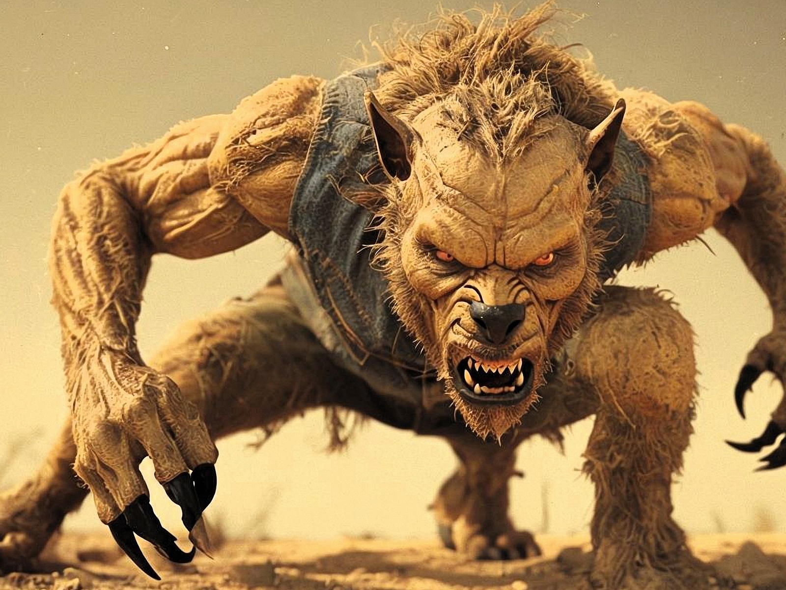 creature, 3d, vintage, western, cinematic, fierce, monster, claws, intense, desert, dusty, horror, powerful, muscular, wild, fantasy, werewolf, predator, angry, action