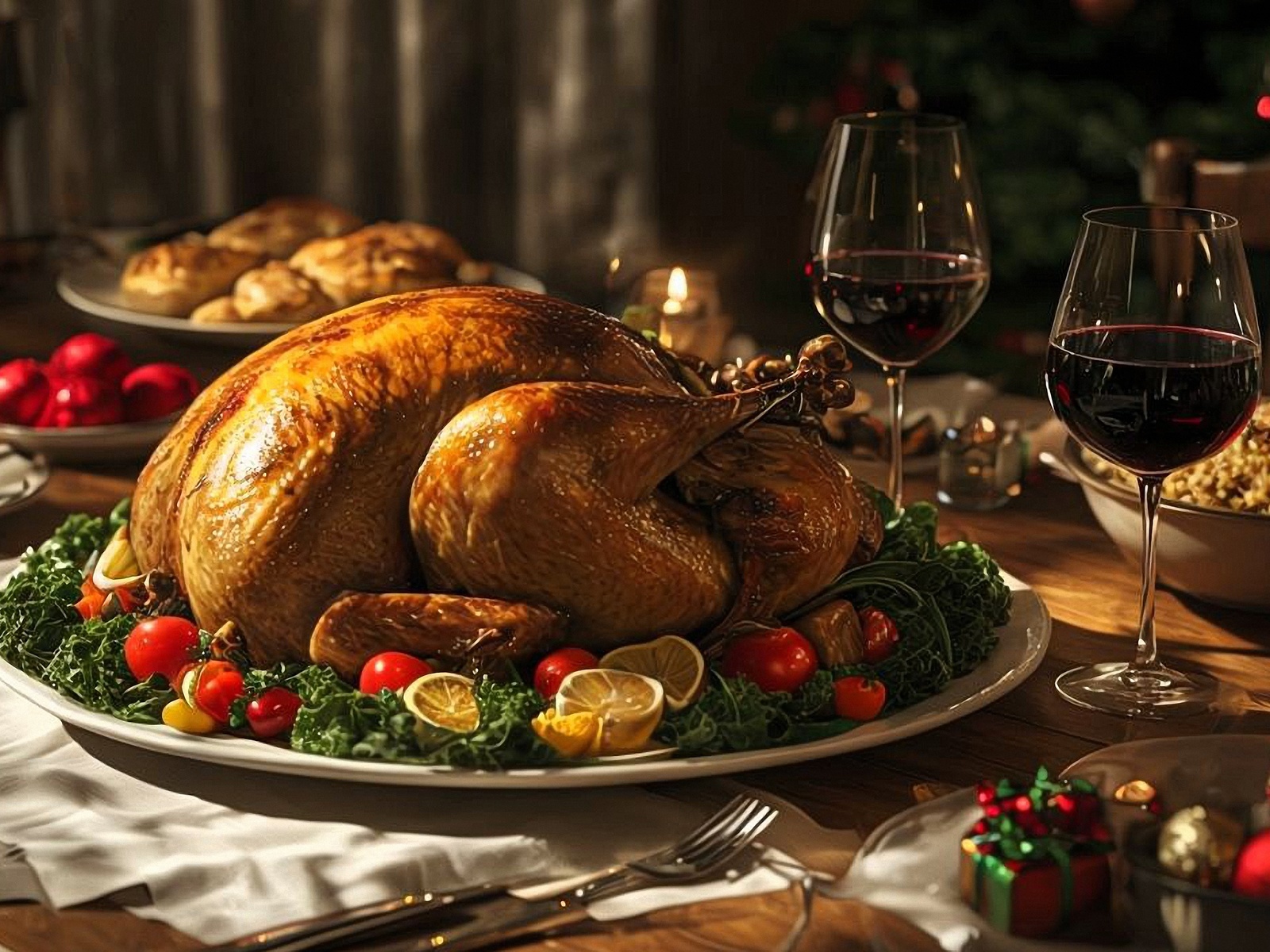 holiday, table, roasted turkey, wine glasses, festive, candles, christmas, decorations, dinner, feast, food, celebration, cozy, warm lighting, red ornaments, family, gourmet, tradition, serving, luxury