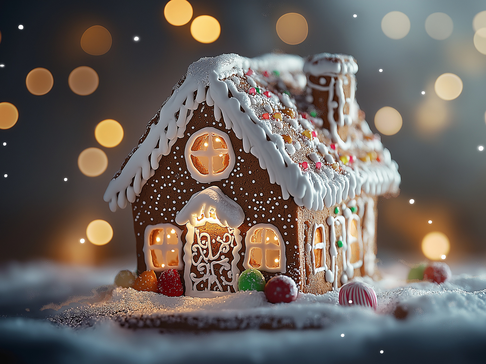 : gingerbread house, christmas decor, festive mood, winter atmosphere, decoration, snowy background, fairytale scene, holiday lights, winter coziness, icing, confectionery art, candy, winter, coziness, sweets, festive table, decorative cookies, snowflakes