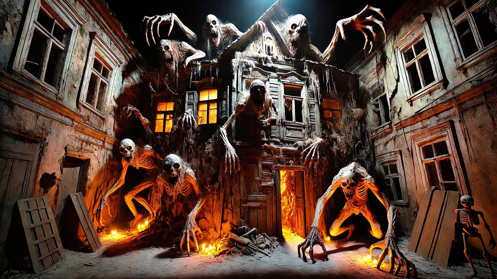 haunted house, horror, monsters, creepy, skeletons, abandoned, spooky, night, terrifying, shadows