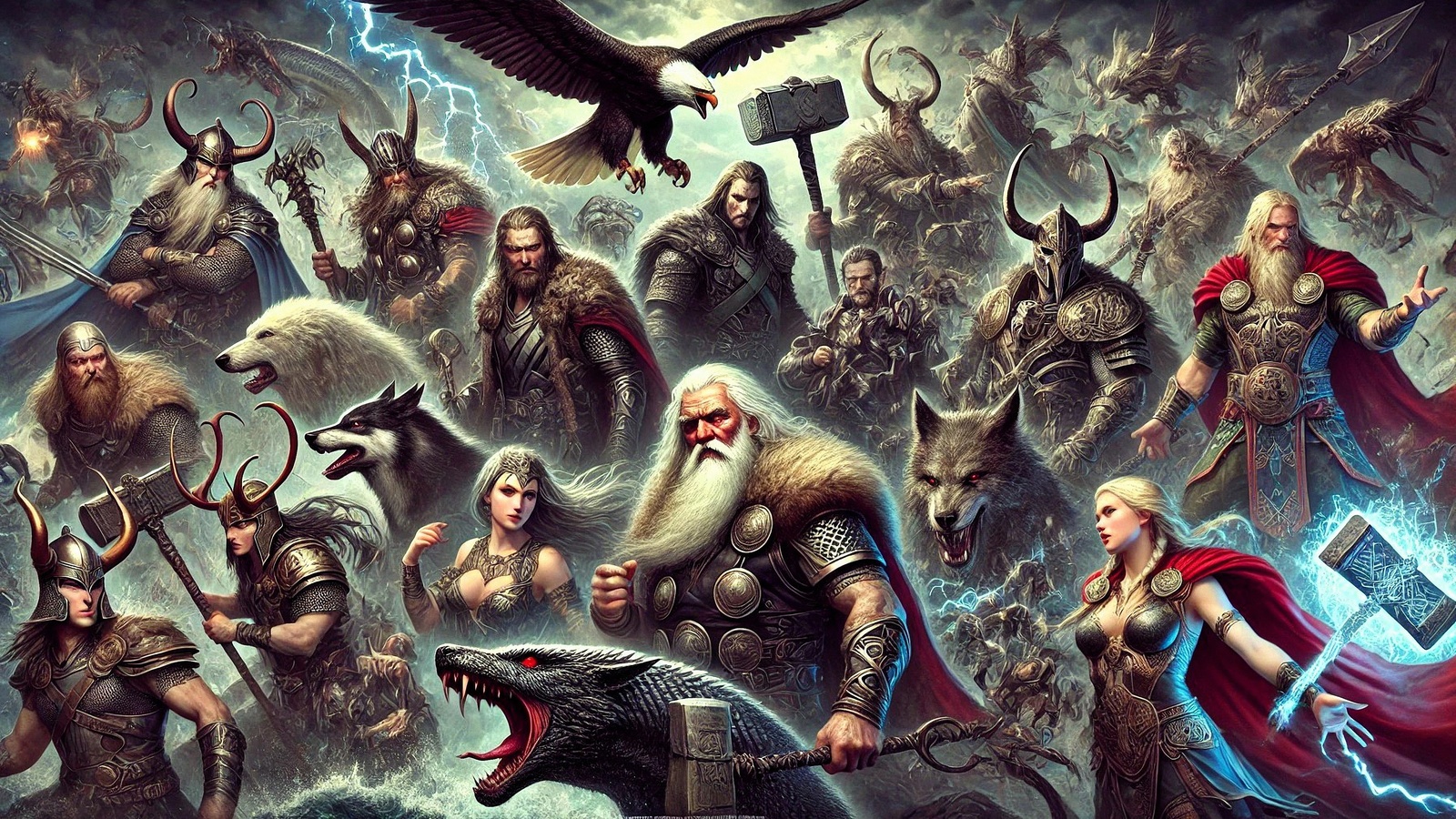 norse mythology, gods, warriors, vikings, thor, odin, loki, wolves, mjolnir, valkyrie, epic battle, fantasy art